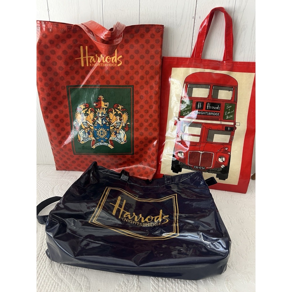 Harrods Knightsbridge LOT x3 Red Crest Bus Blue Logo Zipper PVC Tote Bag